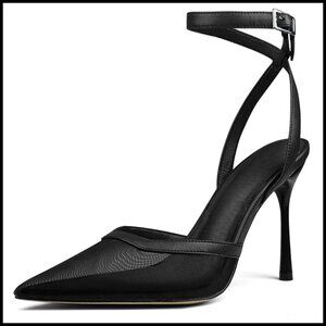 Pointed Toe Stiletto Heel Mesh Faux Leather Ankle Strap Sandals Elegant Wedding